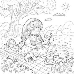 Cottagecore Picnic Girl with Cherry Pie. Vector Coloring Page