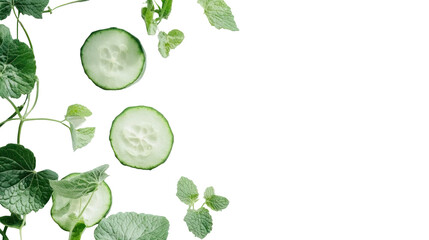 Fresh cucumber slices and green herbs on a black background perfect for healthy food concepts or culinary designs