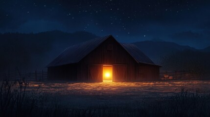 Rustic barn illuminated under starry night sky, mystical rural scene