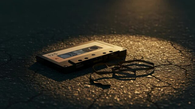 Vintage audio cassette tapes scattered on rough surface under dim lighting creating nostalgic mood