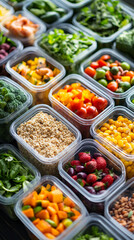 Plastic food containers neatly filled with vegetables and grains. Symbol of organized, healthy eating and efficient meal prep. Balanced nutrition, clean eating. Caption space on the side.

