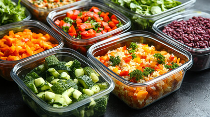 Plastic food containers neatly filled with vegetables and grains. Symbol of organized, healthy eating and efficient meal prep. Balanced nutrition, clean eating. Caption space on the side.

