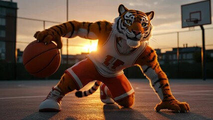 Animated Tiger Athlete Dribbling Basketball on Outdoor Court at Sunset in Stunning Detail