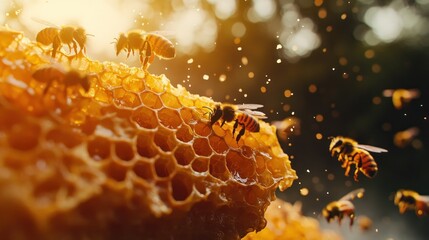 Golden honeycomb filled with sweet honey, buzzing with busy bees