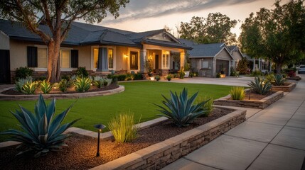 Easy care front yard using artificial grass, raised planters, and automatic lighting