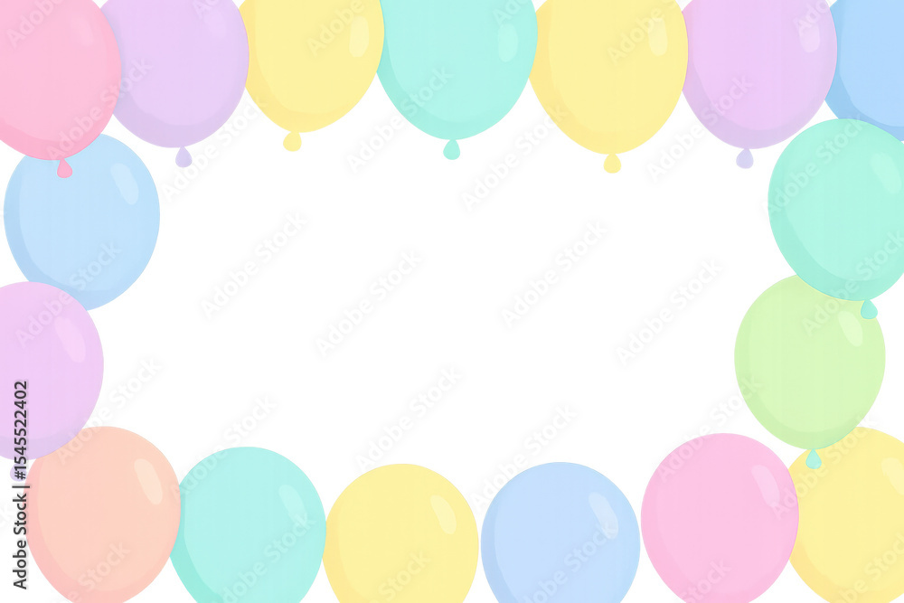 Poster cheerful frame of pastel-colored balloons creates a festive border on a transparent background, perf