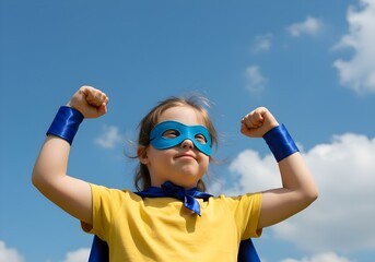 Girl with Down syndrome dressed as superhero flexing arms showing strength pride and disability empowerment