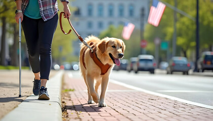 Blind person walking with guide dog and white cane on urban crosswalk promoting inclusive mobility