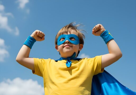 Boy with Down syndrome posing as superhero with arms raised proudly expressing strength and individuality