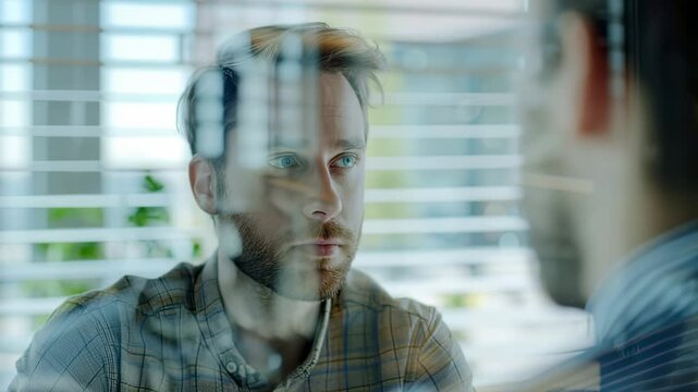 Close-up of two men in conversation through a glass partition, indoor setting