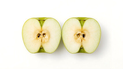Slice a green apple and halve Granny Smith apples on a white background. Perfect for healthy eating, nutrition, and food-related designs.