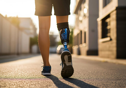 Person with advanced running prosthetic leg walking on city street at sunset representing pride and mobility