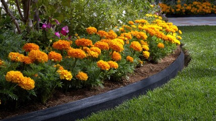 Flexible plastic garden edging bordering a flowerbed with vibrant marigolds and neat lawn edges