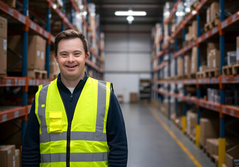Smiling male warehouse worker with Down syndrome wearing safety vest standing proudly in storage aisle