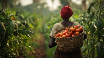 African woman harvesting ripe tomatoes in her garden, a bounty of labor