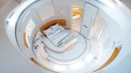 Futuristic sleeping pod, serene lodging architecture with white and gold design