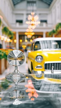 Fototapeta Yellow Classic Car in Luxurious Hotel Lobby