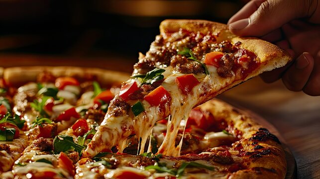 Hand grabbing a delicious pizza slice