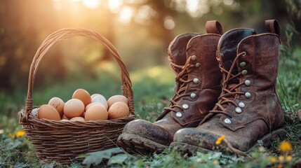 Rustic still life, Basket of eggs and vintage boots on sunlit grass