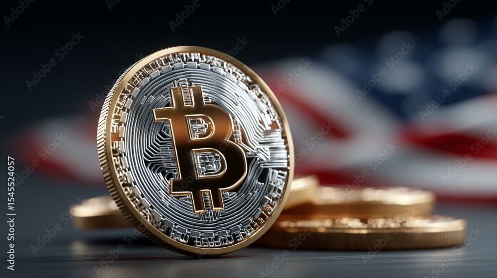 Poster close up of bitcoin coins with american flag in the background digital currency concept image