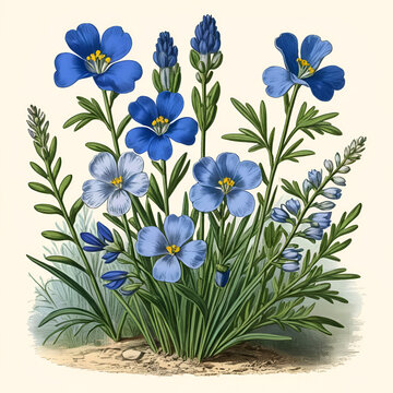 Blue, Toad, Flax, Linaria, Canadensis, Figwort, family, Scrophulariaceae, annual, biennial, plant, Flowers vintage illustration.