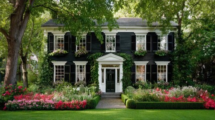House frontage with boxwood hedges, vibrant flower garden, and tidy lawn for picturesque appearance