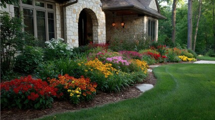 Fototapeta premium Lush green lawn bordered by colorful flower beds and mulched zones in a clean suburban front yard landscape