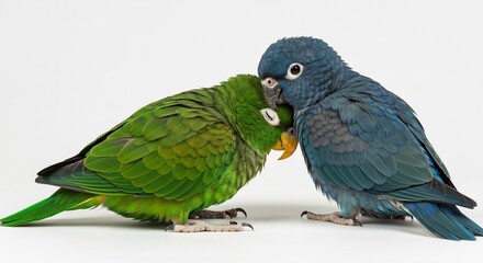 Obraz premium Two parrots gently nuzzle brightly lit studio shot. AI Generated