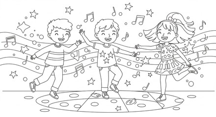 Joyful kids dance playfully underneath swirling musical notes a whimsical black and white illustration. AI Generated