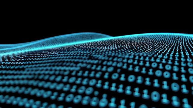 Abstract binary code landscape with blue glowing numbers on a black background representing technology, data, and digital information.