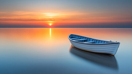 Fototapeta premium Minimalist scene of a single white boat floating on calm water at dawn. Soft pastel sky reflects on the still surface. Peaceful solitude, early morning light, caption space on the side.