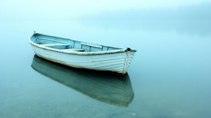 Naklejka premium Minimalist scene of a single white boat floating on calm water at dawn. Soft pastel sky reflects on the still surface. Peaceful solitude, early morning light, caption space on the side.
