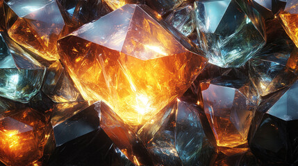 A dynamic composition of radiant, sparkling shards in yellow, blue-green, and black—rich in depth and contrast, symbolizing energy, fragmentation, and abstract transformation.
