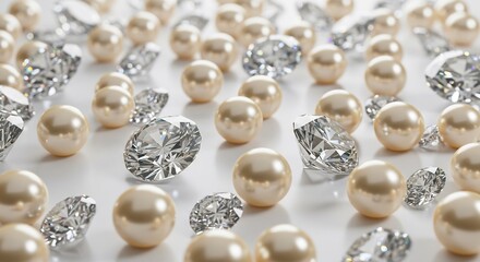 Glistening pearls and diamonds softly scattered light background. AI Generated