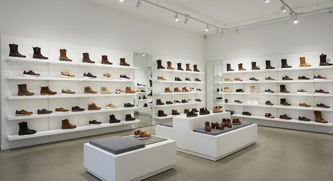 Brightly lit minimalist shoe store showcasing stylish footwear. AI Generated