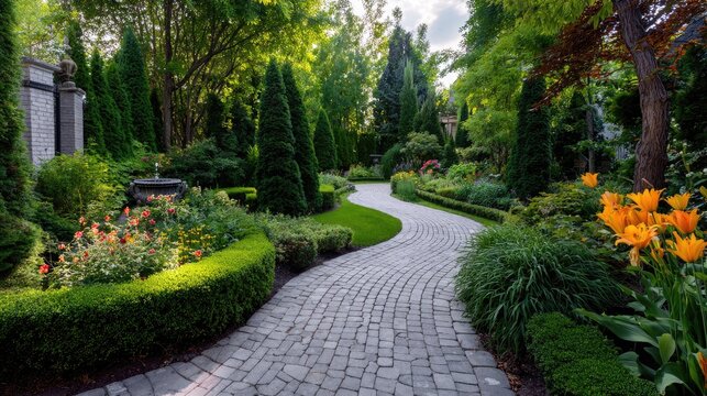 Natural stone pathway winding through a lush green garden, surrounded by flowering shrubs and trimmed hedges, showcasing serene landscaping