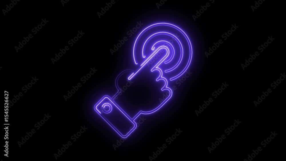 Poster neon hand tapping screen animation touchscreen interface technology modern style on dark background
