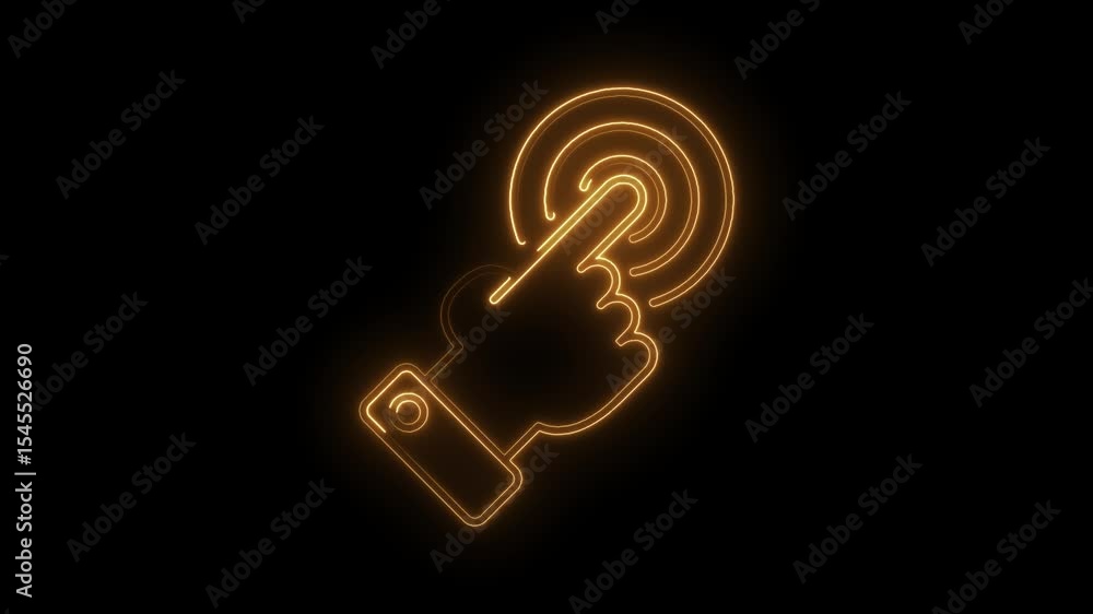 Poster glowing neon hand touching ui element animated on black background for technology design