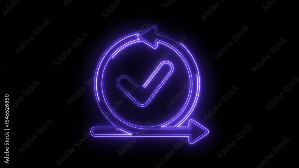 Poster animated neon check mark inside circular arrows on black background for correctness approval