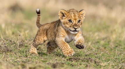 Obraz premium Young lion cub running. Focus on paws. Golden fur. Blurred background
