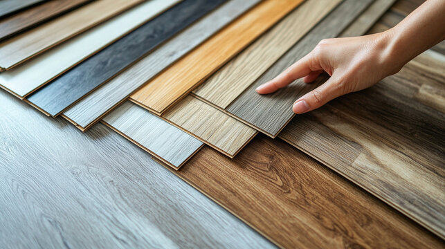 Customer’s hands choosing hardwood and laminate flooring samples in a store. A bright, minimal setting highlighting textures, tones, and personal selection in home design and renovation.
