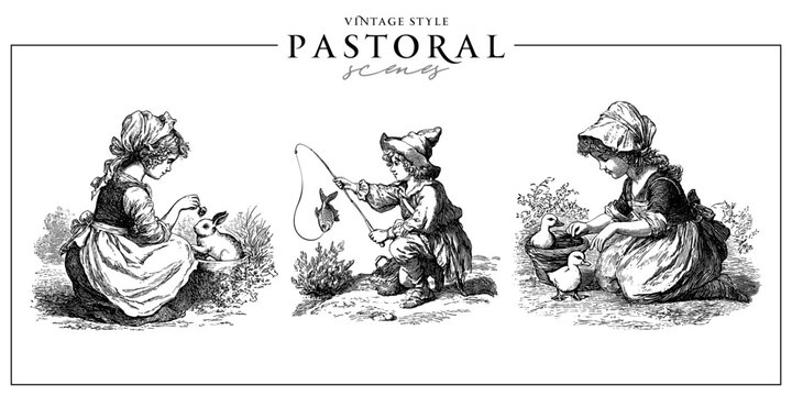 Set of old European romantic pastoral scenes. Vintage engraving or ink drawing style vector illustration. 