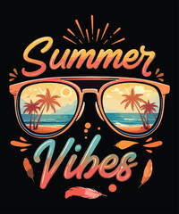 Summer Vibes Typography with Sunglasses and Tropical Beach Reflection – Retro Vacation T-Shirt Design