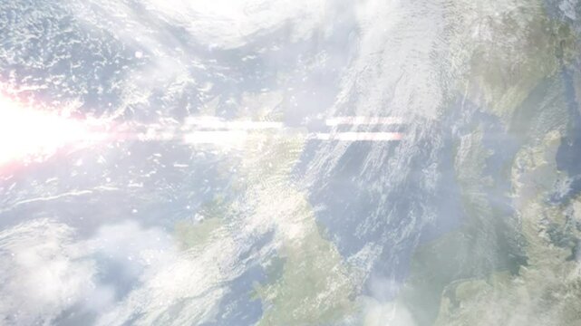 Earth zoom in from space and focus on Brechin, Scotland, Angus, Great Britain. Background for travel intro or blog. Satellite view. 3D style Animation. Images from NASA.