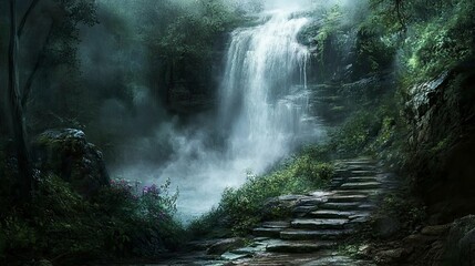 Misty waterfall cascading into a tranquil pool, surrounded by lush jungle foliage