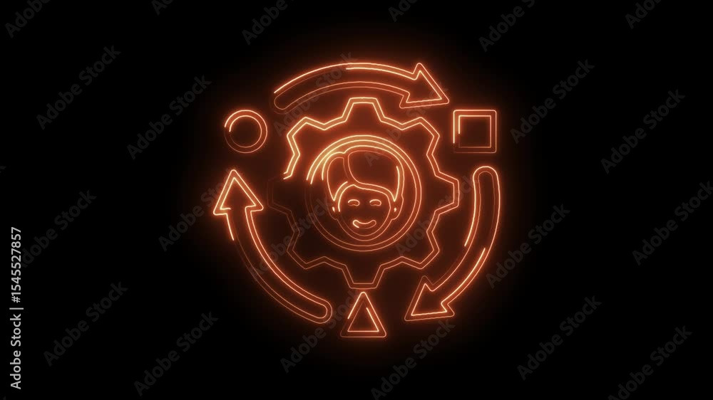 Poster glowing neon icon animation of human resources automation and skill development process on black bac