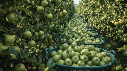 Abundant green apples in overflowing baskets in lush orchard rows. Perfect for fruit farm promotions, healthy eating campaigns, and agriculture-themed designs.