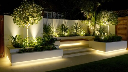 Small space modern garden with tiered planters, neat lines, and ground lighting