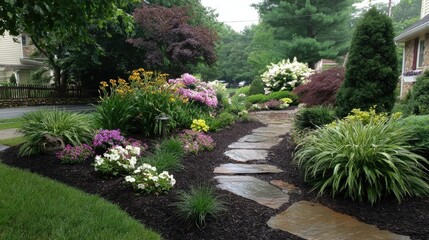 Obraz premium Stepping stones set in mulch through a flower bed-rich front yard with ornamental grass