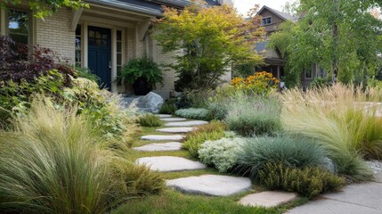 Naklejka premium Stepping stone path set in grass leading to a front door surrounded by ornamental plants
